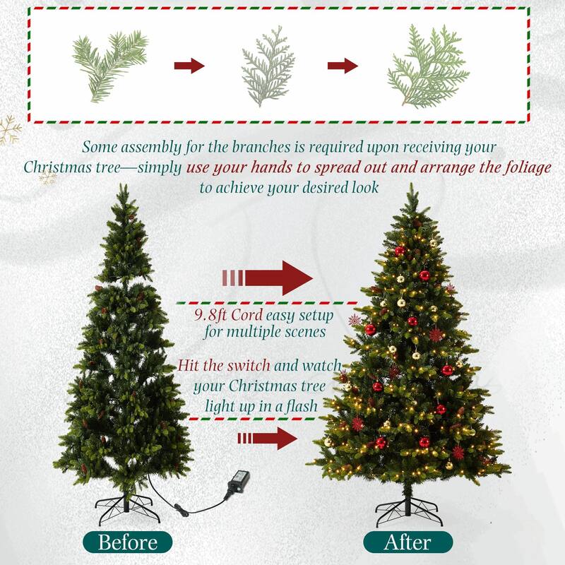 EROMMY 7.5ft Pre-lit Christmas Tree with 500 Lights, Snow Flocked Artificial Tree with Cones and Ornaments