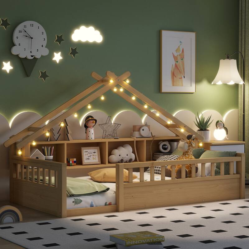House-shaped Daybed Kids Wood House Bed Montessori Toddler Floor Bed with Roof Shape Storage Bookshelves and Light - Natural - Twin