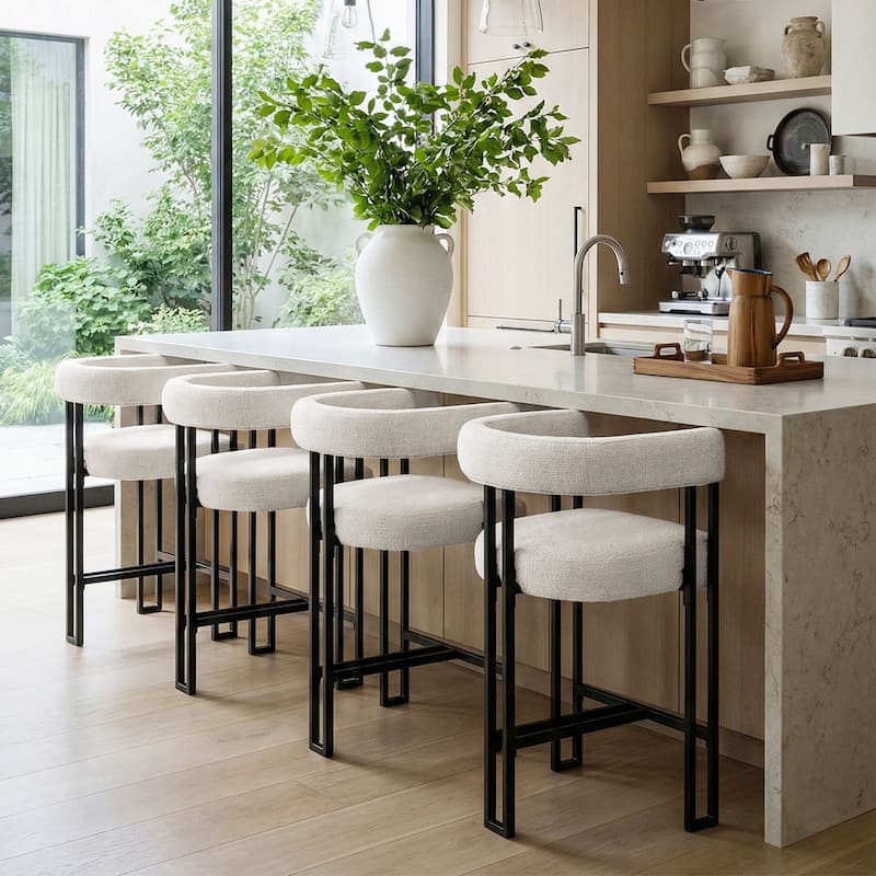 24" Seat Height Upholstered Tweed Solid Back Counter Stool(Set of 4) - Set of 4 - Beige