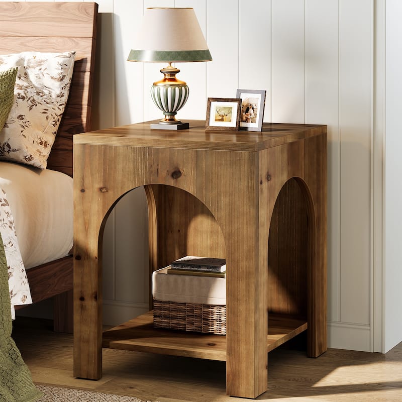 2 Tier End Table for Living Room, Square Couch Side Table for Bedroom, Farmhouse Style