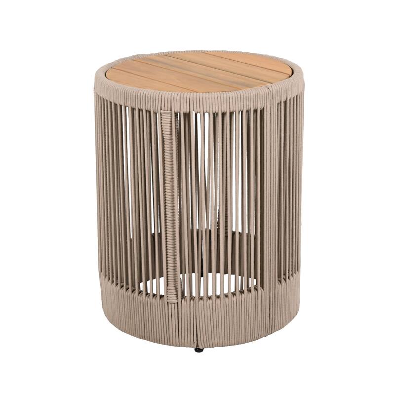 Roomfitters Round Outdoor Side Table, Acacia Wood and Rattan Rope Accent Table for Patio and Balcony