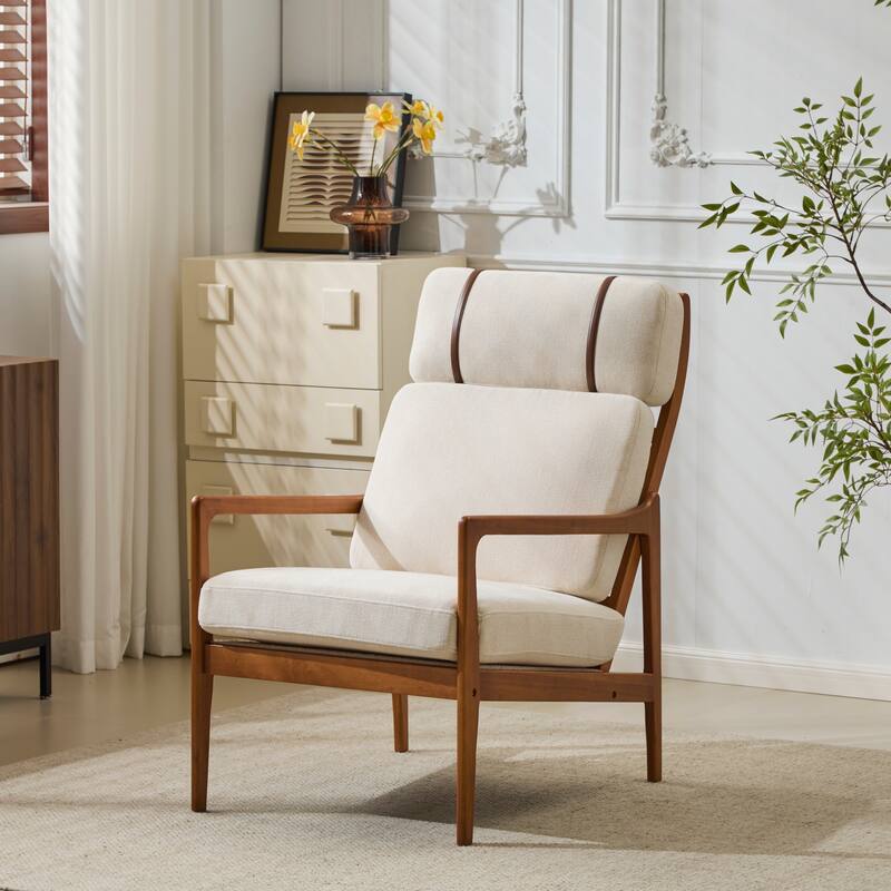 Mid Century Modern Accent Armchair, Solid Wood Frame with High Back, Beige Upholstered Cushions, Ergonomic Lounge Chair - Beige,Walnut