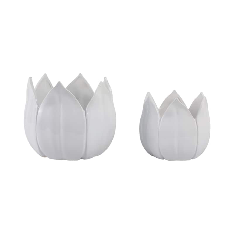 Stoneware Ceramic Planters Petal Design and Drainage Hole (Set of 2) - 12" x 12" x 10" - White