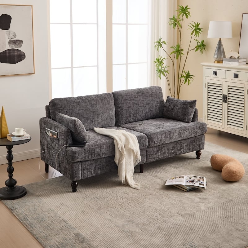Modern Chenille 2-Seater Wood-Legged Sofa with LED light, USB Charging Port and Storage Bag - Grey