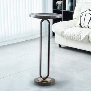 12" Grey Round Marble Metal Marble Pedestal End Table