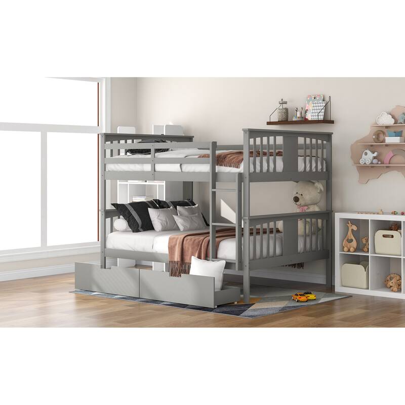 Full Over Full Bunk Bed with Drawers and Ladder,Versatile Bedroom Furniture