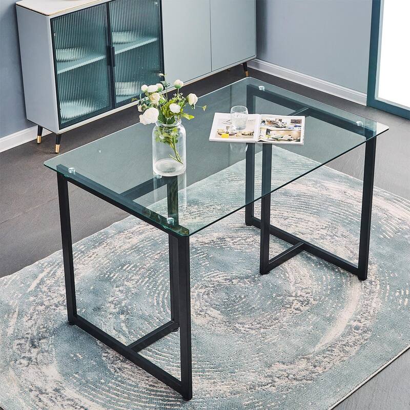 47.2 Inch Modern Tempered Glass Home Kitchen Restaurant Dining Table - 47.2 inches - Black