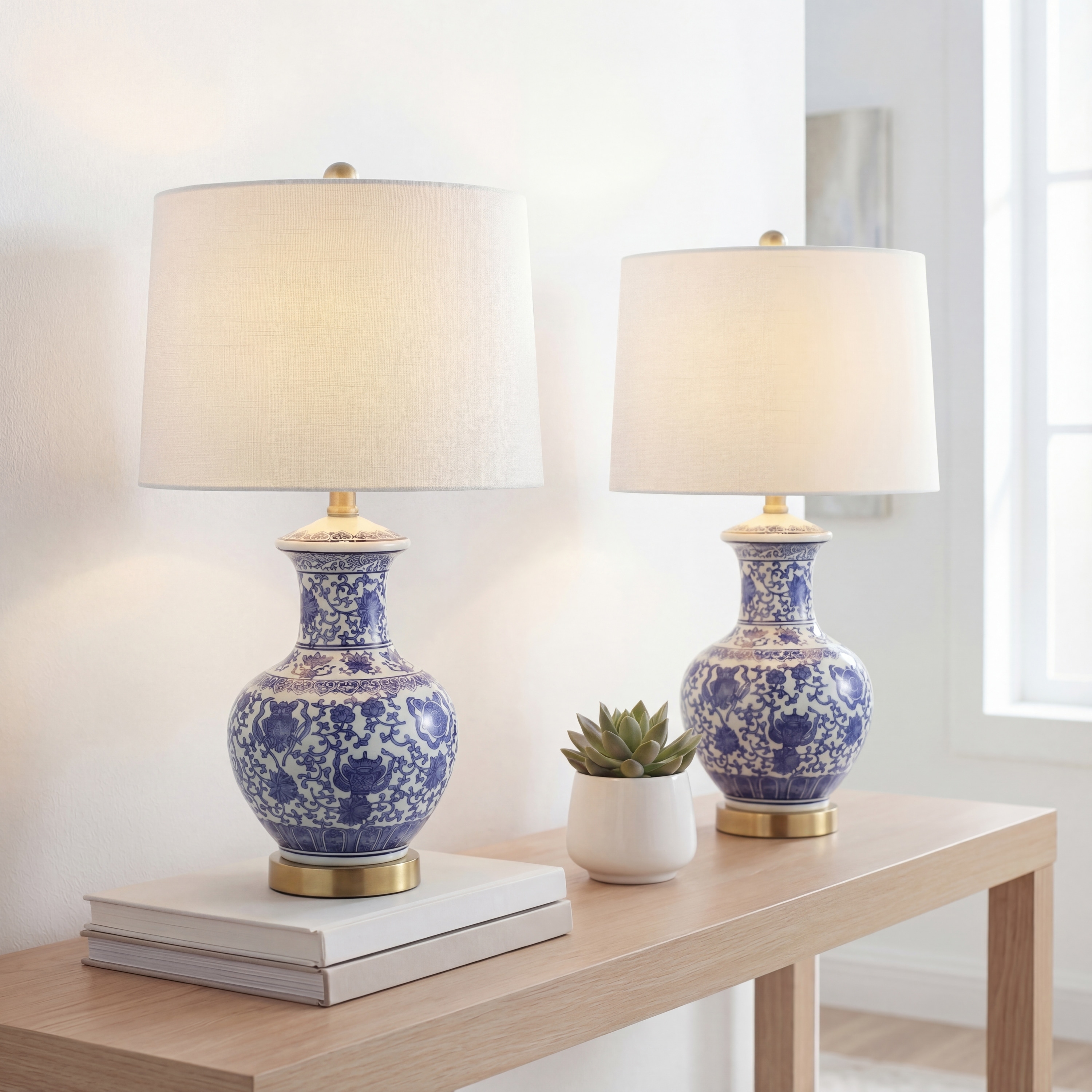 JONATHAN Y Gemma 25.25" Ceramic/Metal LED Table Lamp, Blue/White (Set of 2)