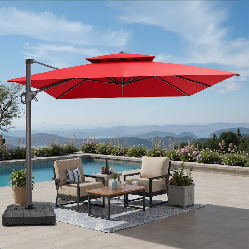 VredHom Patio Outdoor 9 x 11 FT Double Top Cantilever-Offset Umbrella with HDPE Wheel Base
