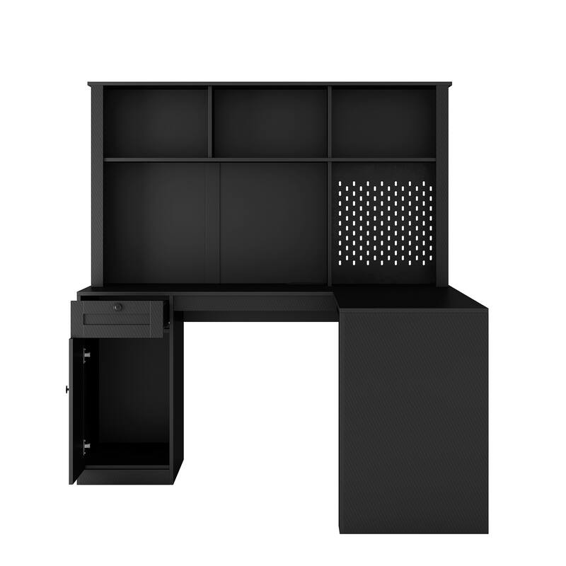 L Shaped Computer Desk with Outlet,Bookshelf & Hutch