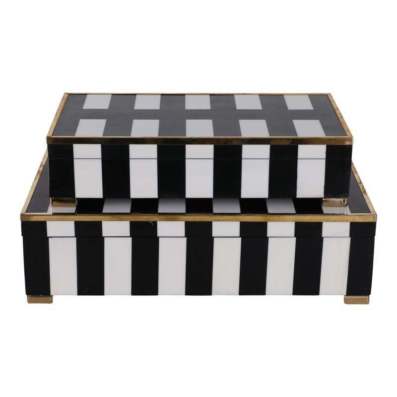Resin Decorative Boxes with Stripe (Set of 2) - 4" & 3" Black, White - 14" x 8.5" x 4"