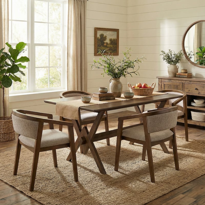 Christopher Knight Home - Modern 5-Piece Dining Set with Rectangular V-Base Dining Table & Hand-Woven Upholstered Dining Chairs - Khaki+Walnut Finish