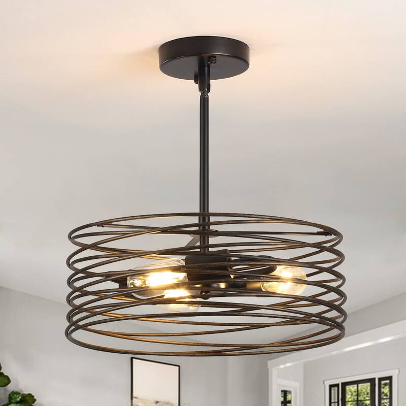 3-Light 14.96" Classic Caged Drum Metal Chandelier, Classic Semi Flush Mount Chandelier for Dining Room - W14.96"x H5.9" - W14.96"x H5.9" - Black and Gold