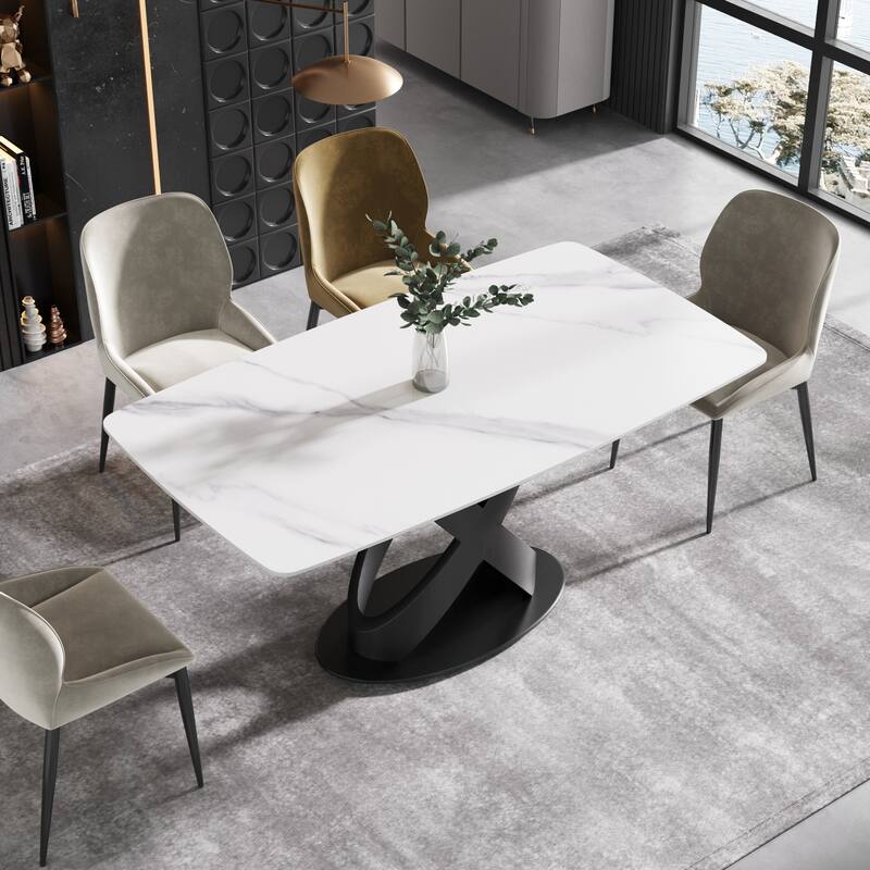 63" Rectangular Sintered Stone Dining Table for 4-6,Solid Black Carbon Steel Base - White&Black