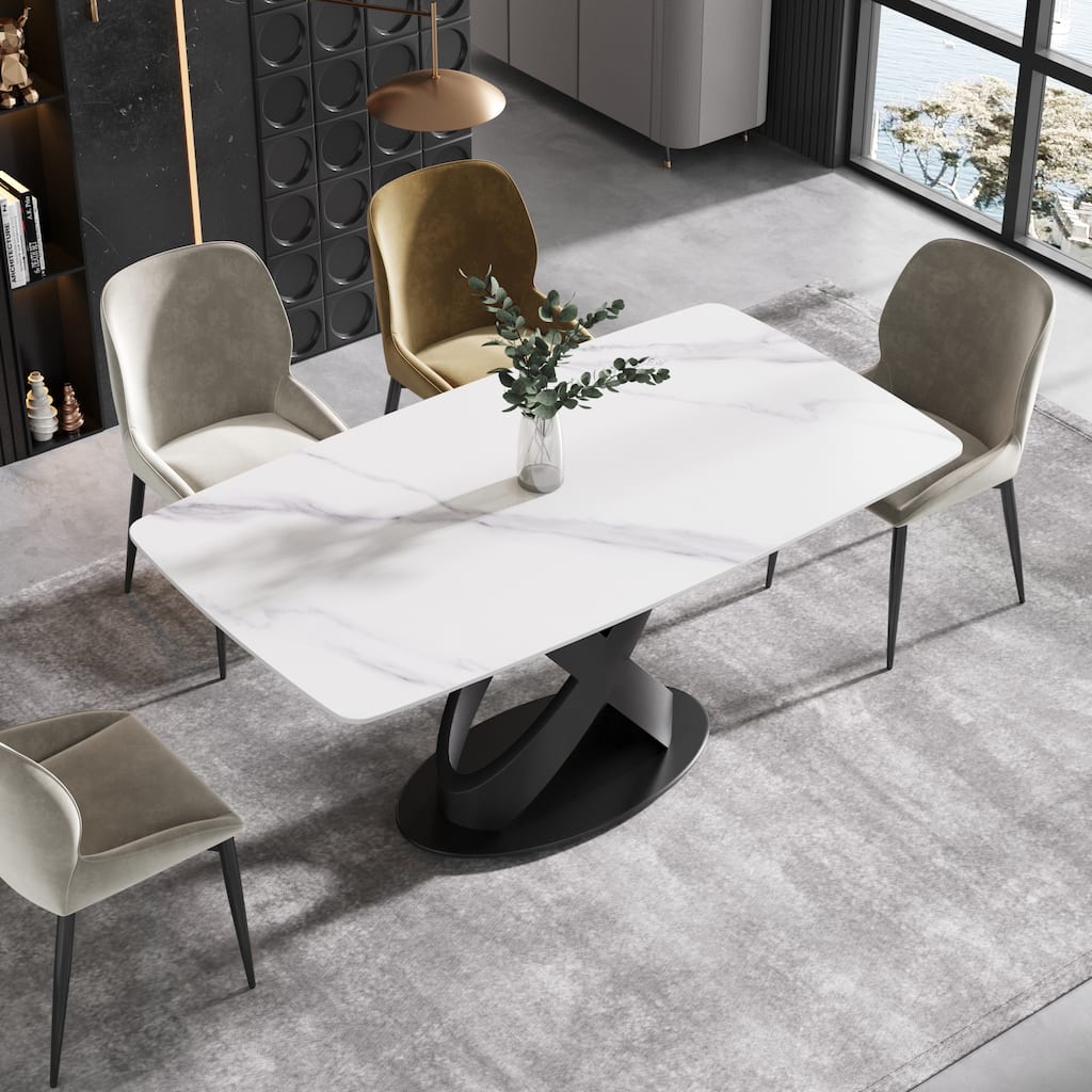 63" Rectangular Sintered Stone Dining Table for 4-6,Solid Black Carbon Steel Base