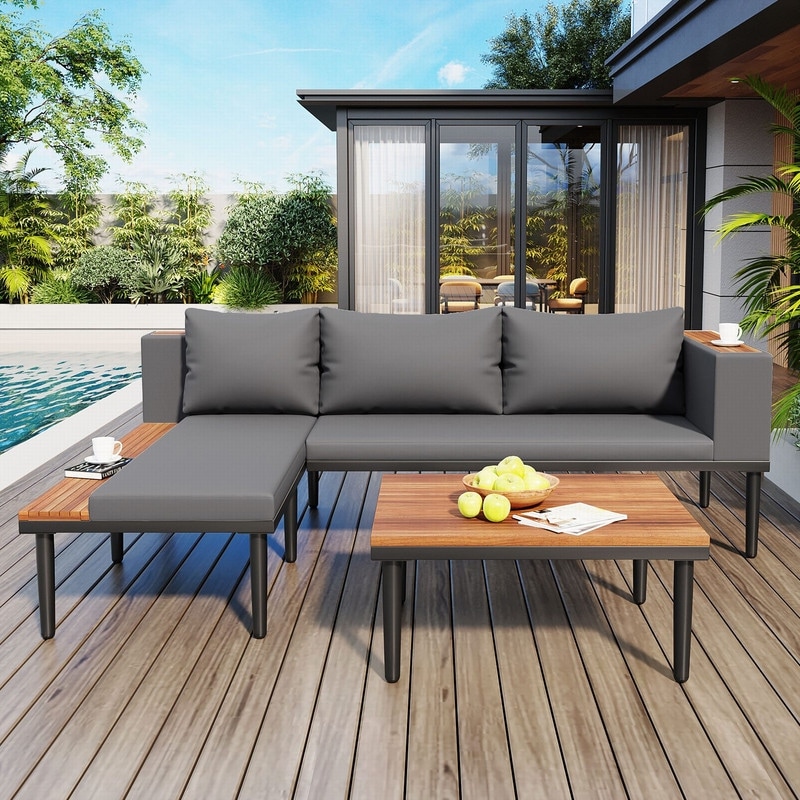 3-Piece Acacia Wood Patio Furniture Set with Removable Cushions for Outdoor Relaxation