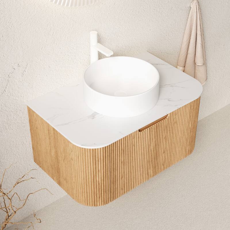 GDFStudio - Dina Modern 30" Floating Bathroom Vanity with Striped Curved Drawer & White Round Ceramic Basin, WITHOUT Faucet