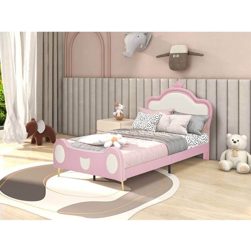 Twin Size Princess Bed with Crown Headboard, PU Upholstered Platform Bed, Bed Frame with Storage Pocket, Pink