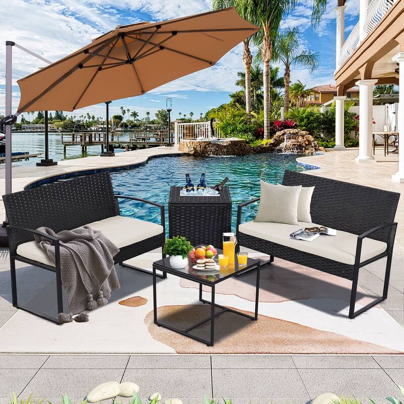 4-Piece Wicker Outdoor Sofa Set, 2 Loveseats, 1 Table, 1 Ice Bucket - Black/White