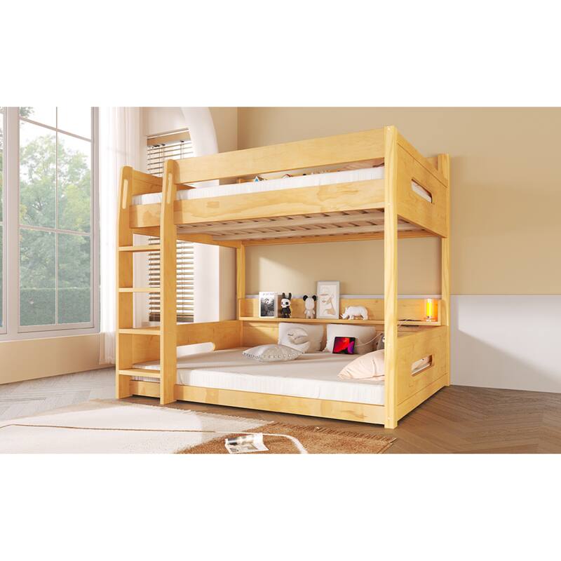 Roomfitters Queen Over Queen Bunk Bed with Storage Shelves and USB Ports