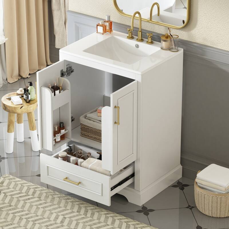24" Bathroom Vanity with Sink - MDF/Solid Wood, 1 Drawer & 2 Soft-Close Doors with Storage Racks