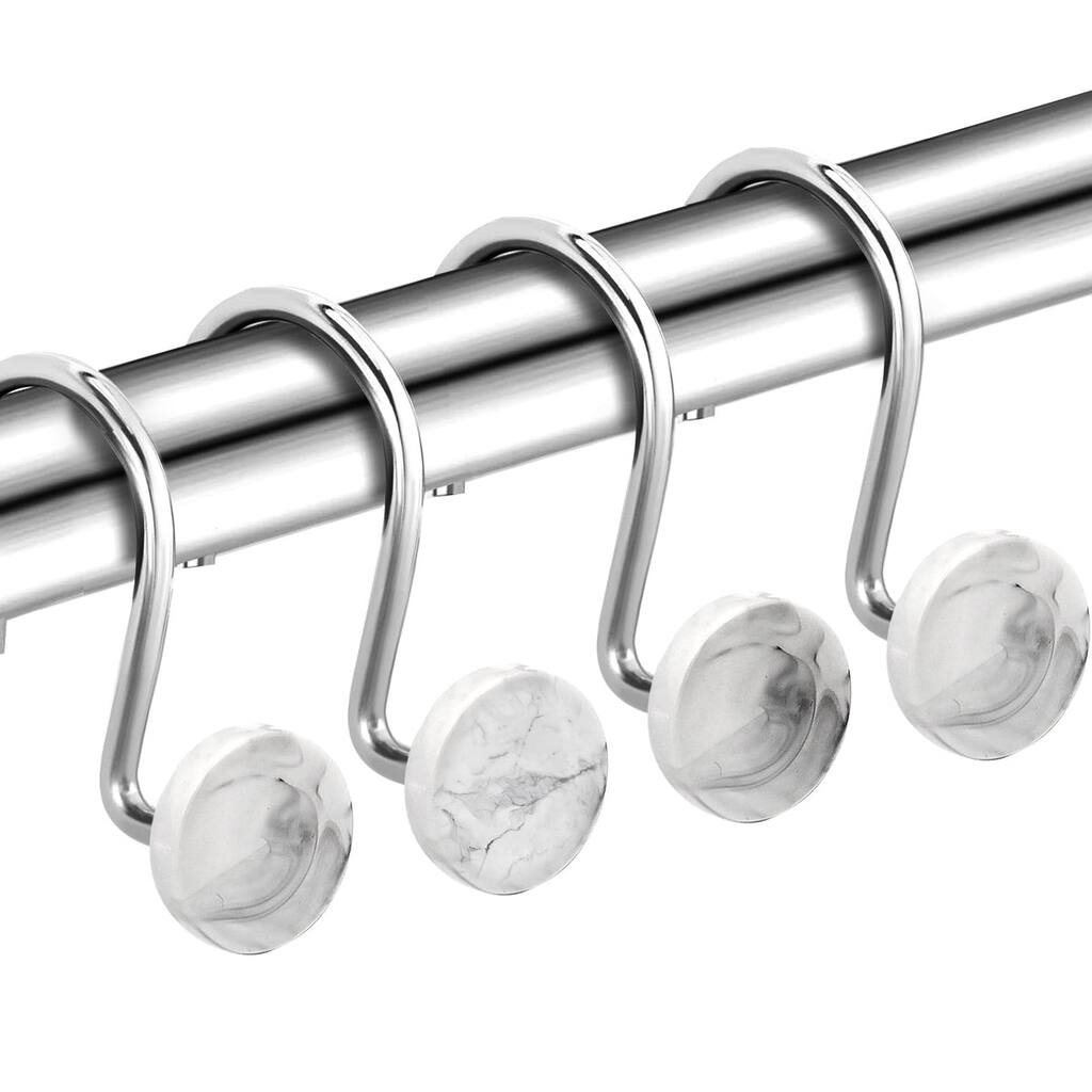 12 Piece Set - Chrome White Heavy Duty Shower Curtain Hooks Rings Rustproof Metal