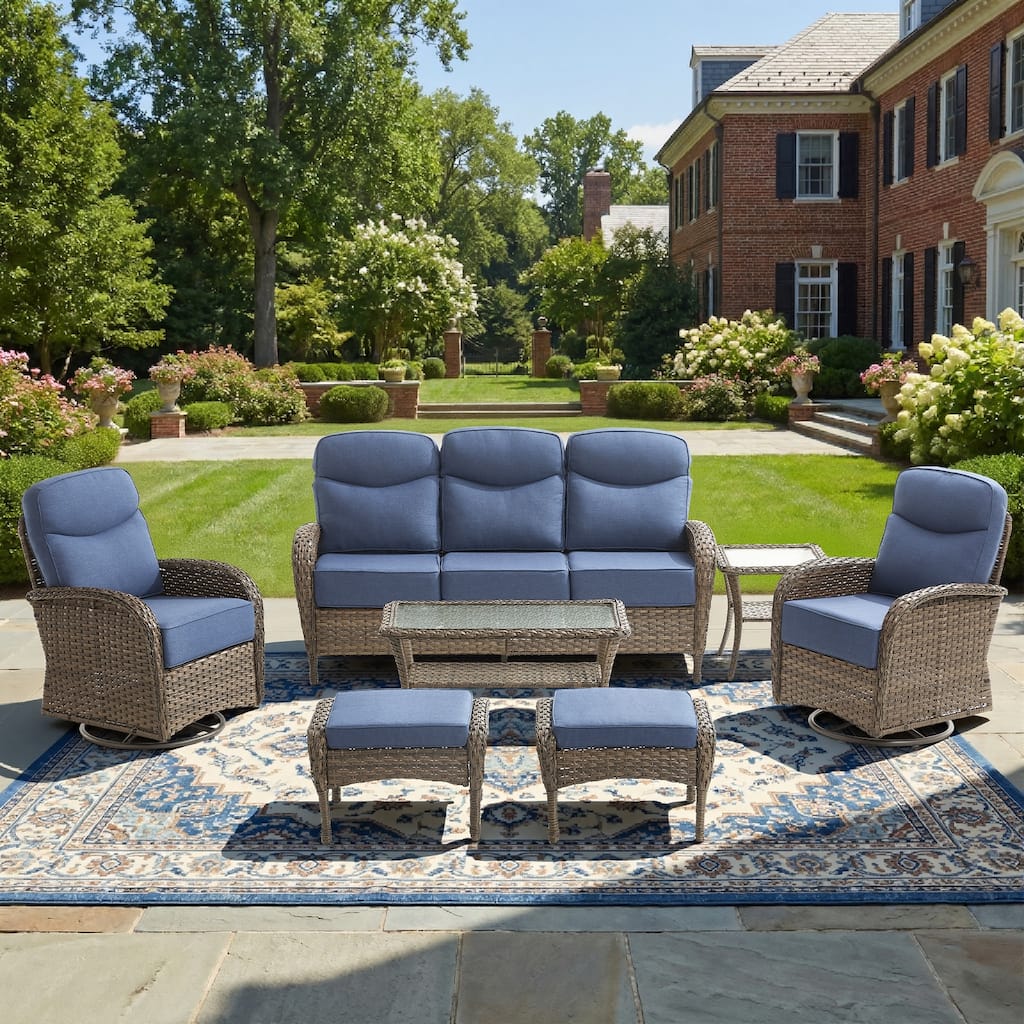 Pocassy Outdoor Wicker Patio Sofa with Swivel Chair Table and Ottomans