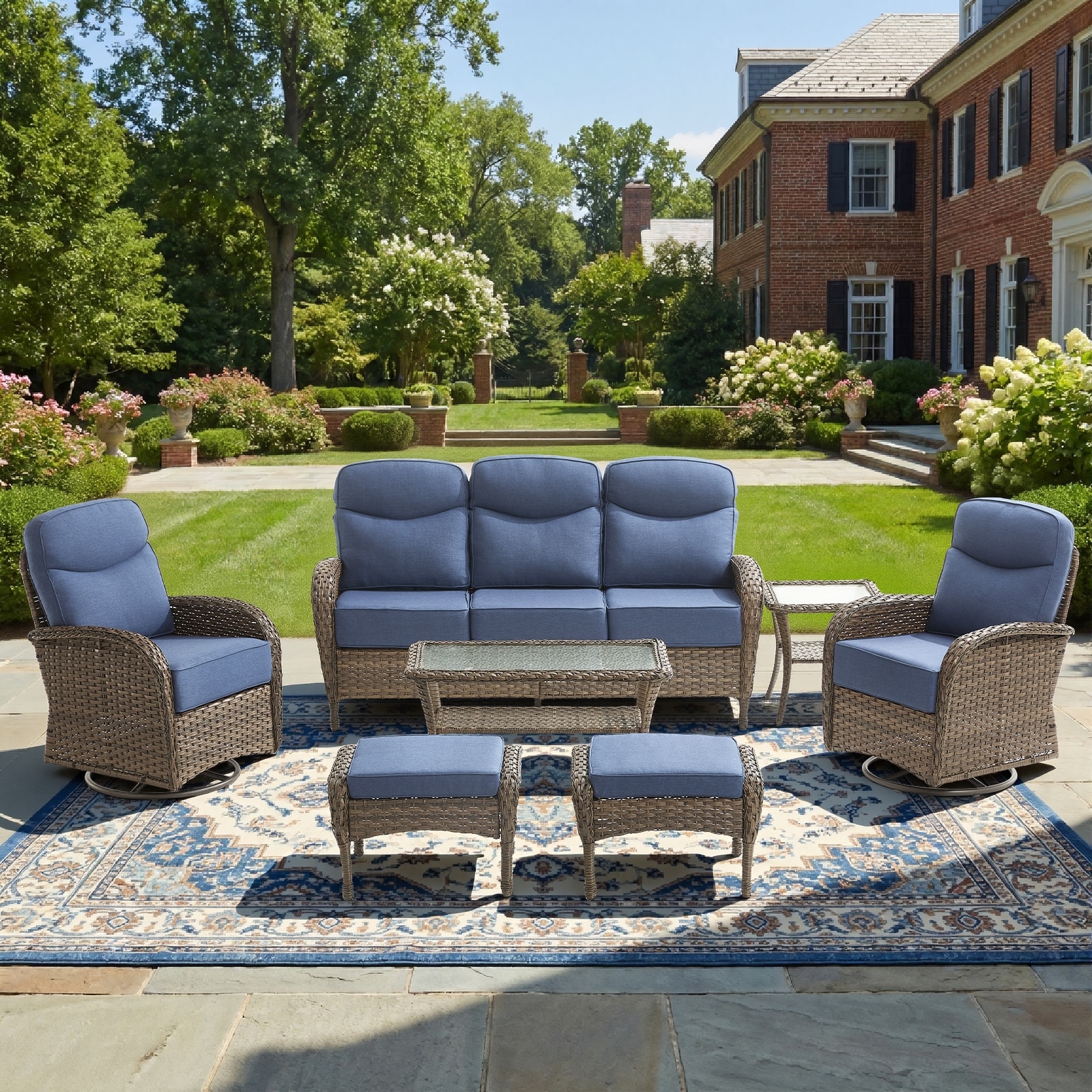 Pocassy Outdoor Wicker Patio Sofa with Swivel Chair Table and Ottomans