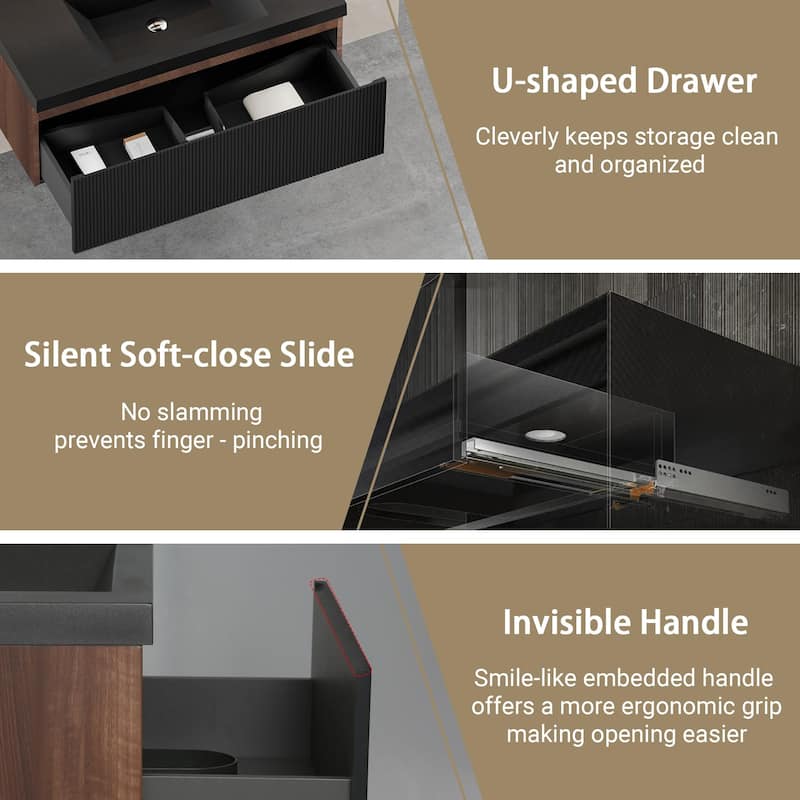 36'' Floating Bathroom Vanity with Sink Combo, Modern Wall-Mounted Striped Bathroom Storage Cabinet with Soft-Close Drawers