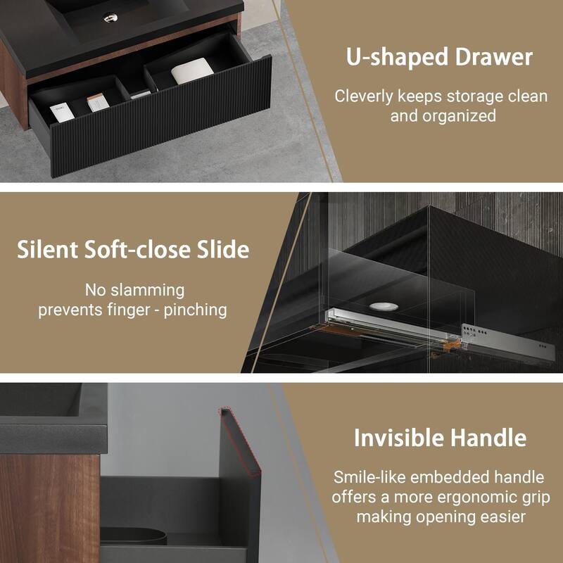 GDFStudio - Everett 36-Inch Floating Bathroom Vanity with Quartz Sand Basin and Fluted Storage Drawers