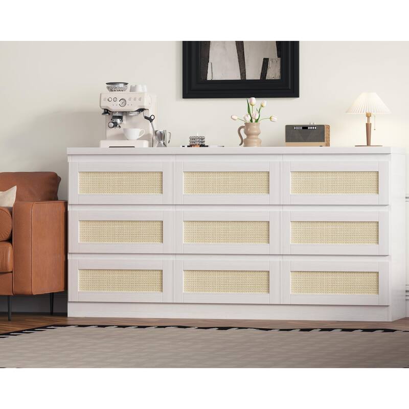 Farmhouse 9-Drawer Dresser with Rattan Accents and Built-In Charging Station, Wooden Storage Cabinet