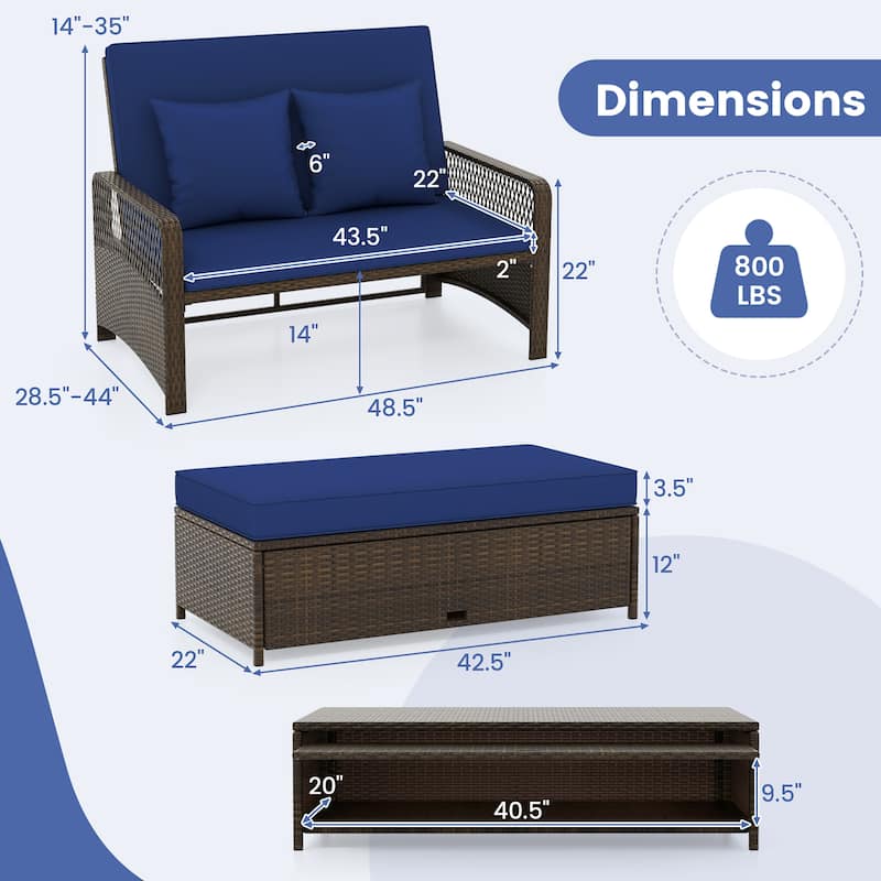 Gymax Patio Rattan Daybed Wicker Loveseat Sofa w/ Multifunctional