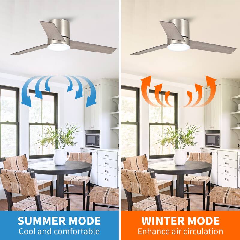 48 inch Modern 3-Blade Wooden Flush Mount Ceiling Fans with Light and Remote