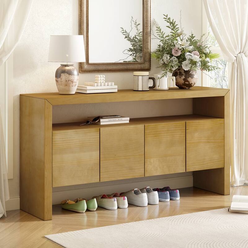 Modern Minimalist Solid Wood Veneer Sideboard with Open Shelf