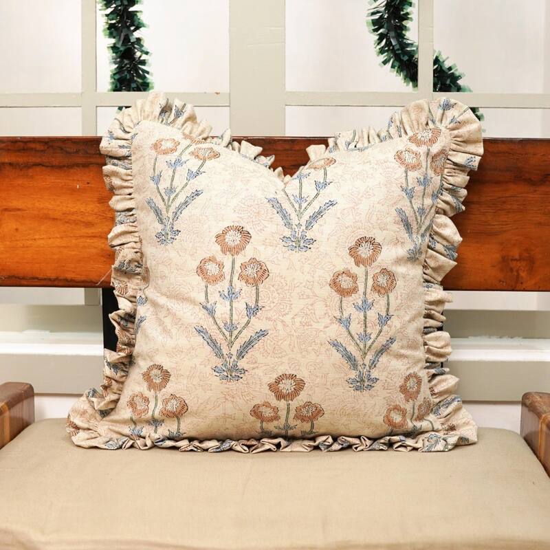 Fabdivine Hand Block Double Side Floral Print Sofa, Couch Decoration Pillow Case