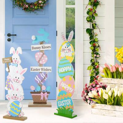Glitzhome Wooden Happy Easter Bunny Eggs Porch Sign Decor Spring Gift