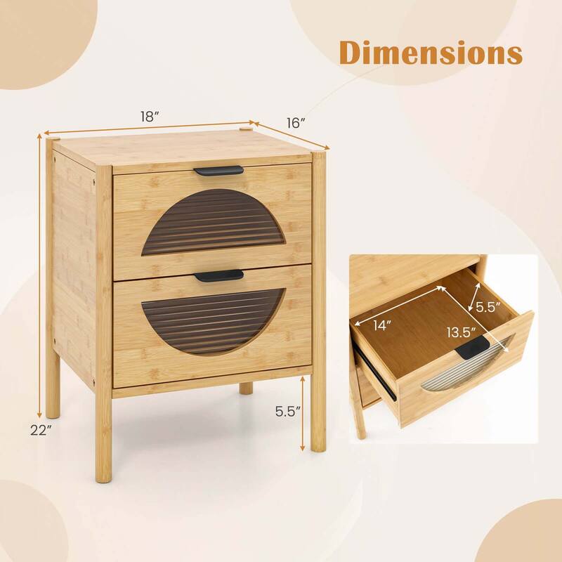 Costway 1/2 PCS Bamboo Nightstand with 2 Storage Drawers & Reeded