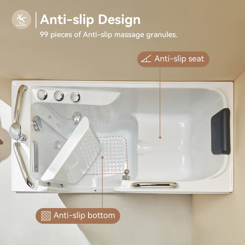 HOROW 52.5 x 26.5 Inch Left Drain Quick Fill Walk In Soaking Bathtub in White with Chrome Trim