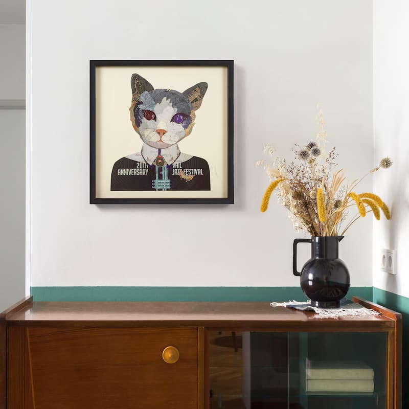 "Funky Cat 2" Dimensional Collage Framed Graphic Art Under Glass Wall Art