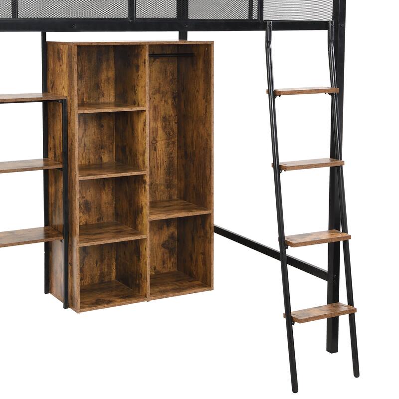 Full Size Metal Loft Bed With Built-In Desk, Wardrobeand Shelves