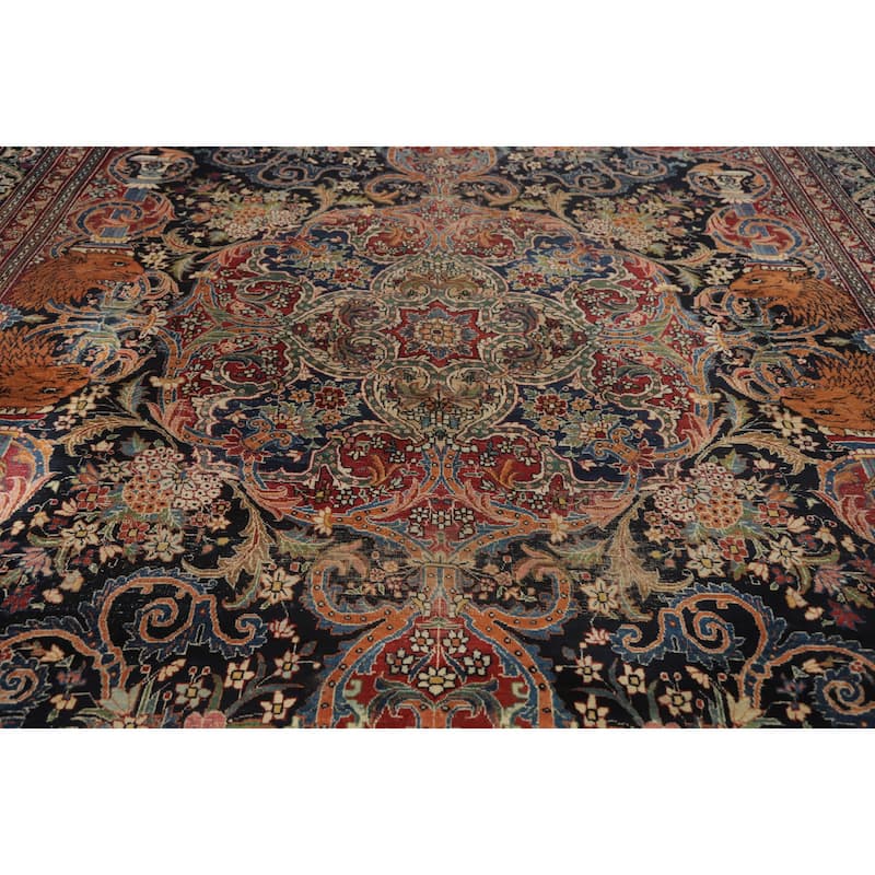Hand Knotted Oriental 100% Wool Carpet Traditional Floral Navy Blue & Blues Kashmar Area Rug - 15' 7'' X 10' 1''