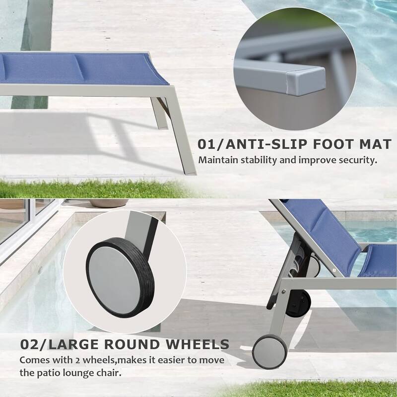 Outdoor Patio Chaise Lounge Set of 3, Aluminum Pool Lounge Chairs with Side Table & Wheels, Padded Adjustable for Poolside Beach