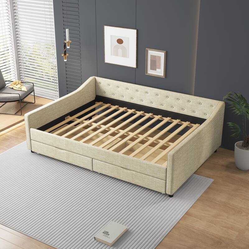 Modern Sofa Bed with Two Large Storage Drawers and Waved Arms Design