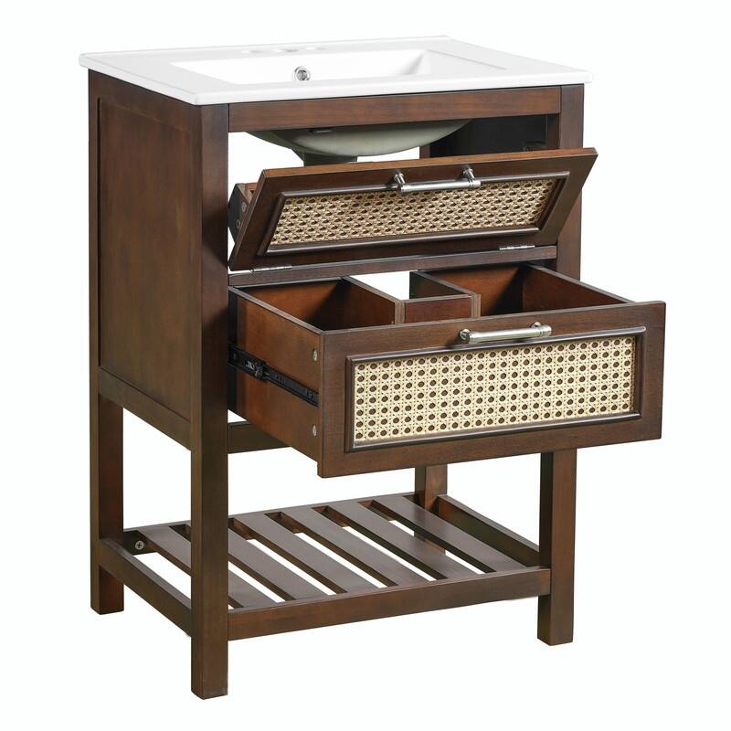 24" Bathroom Vanity with Integrated Ceramic Sink, Cabinet with Deep Drawer & Tip-Out Drawer