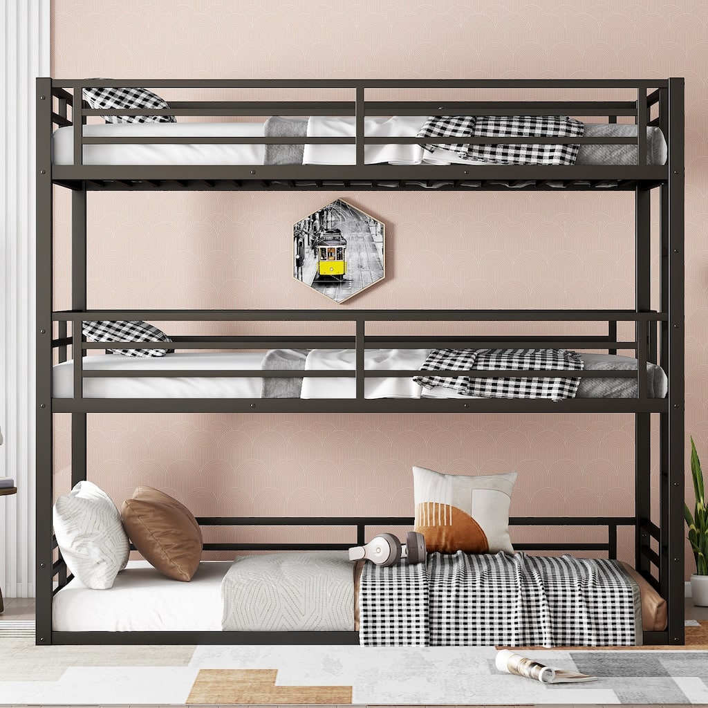 Metal Triple Bunk Bed with Safety Guardrails, Noise-Reduced Design, Twin XL Size, Black