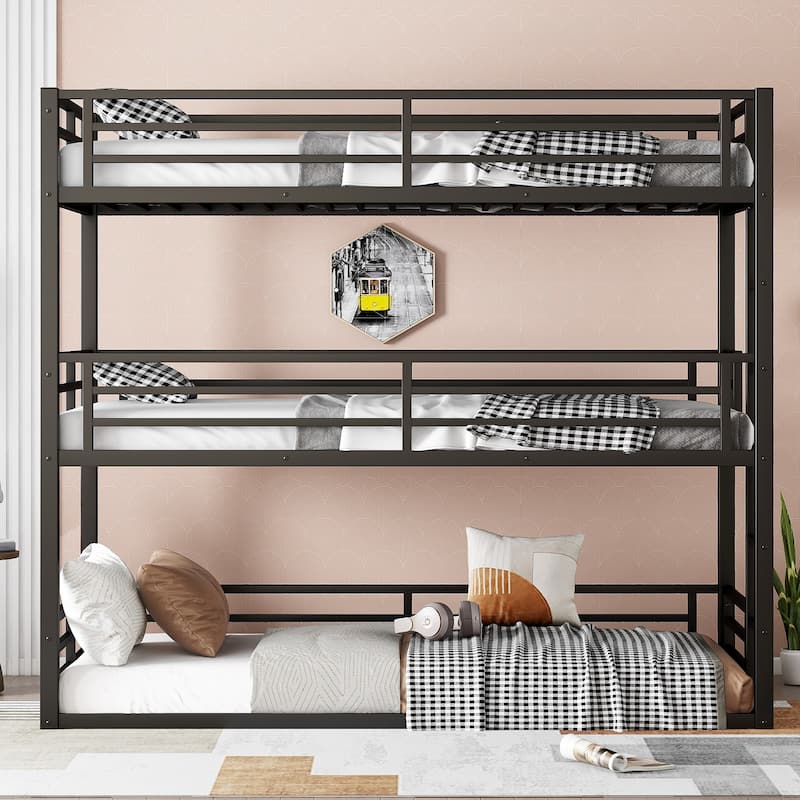 Roomfitters Twin/Full/ Queen Metal Triple Bunk Bed with Safety Guardrails, Heavy-Duty Noise-Reduced Frame, Black - Black - Twin XL