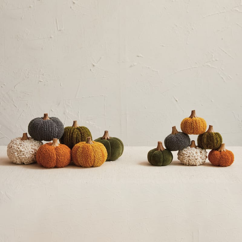 Bouclé Velvet Pumpkin Holiday Decor with Wood Stem, Set of 6 - Multi