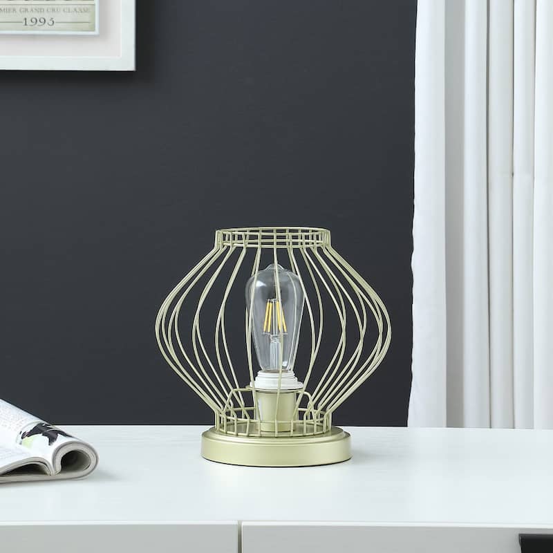 Gold Metal Cage Bedside Lamp with Drum Shade and In Line Switch - 9.75” x 9.75” x 9.5” (D x W x H)