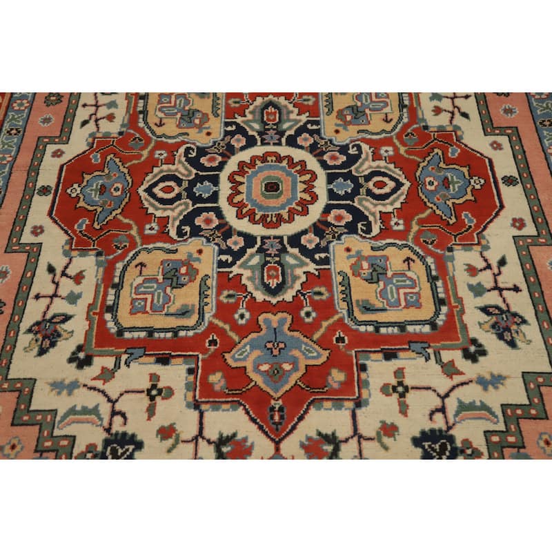 Hand Knotted Oriental 100% Wool Carpet Traditional Medallion Oranges & Rust Heriz (serapi) Area Rug - 8' 9'' X 6' 1''