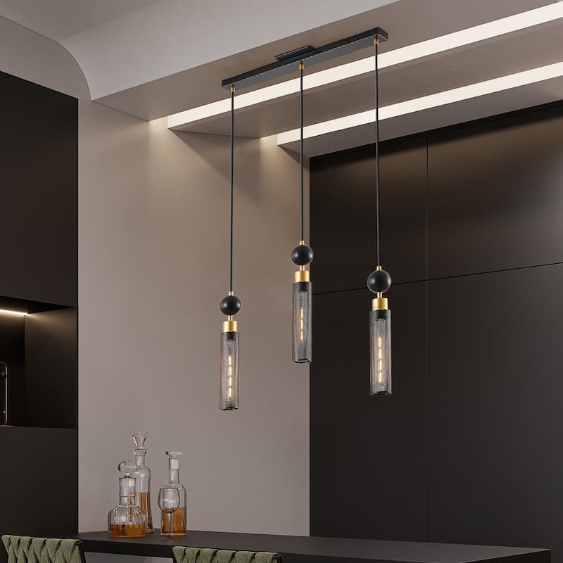 Modern Black and Gold 3-Light Adjustable Pendant Light with Cylindrical Mesh Shades, E26 Base, for Dining Room and Living Room